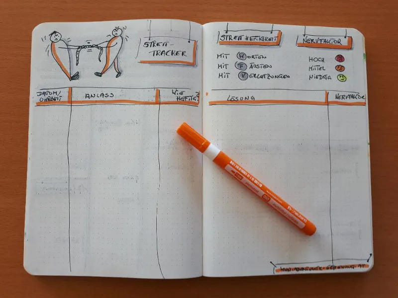Streit-Tracker mit Doodle streitender Figuren und orangem Stift