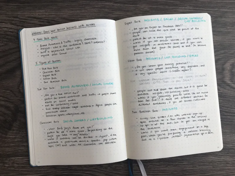 Zweiseitige Webinar-Notizen im Bullet Journal, strukturiert mit Überschriften und Stichpunkten in blauer Handschrift