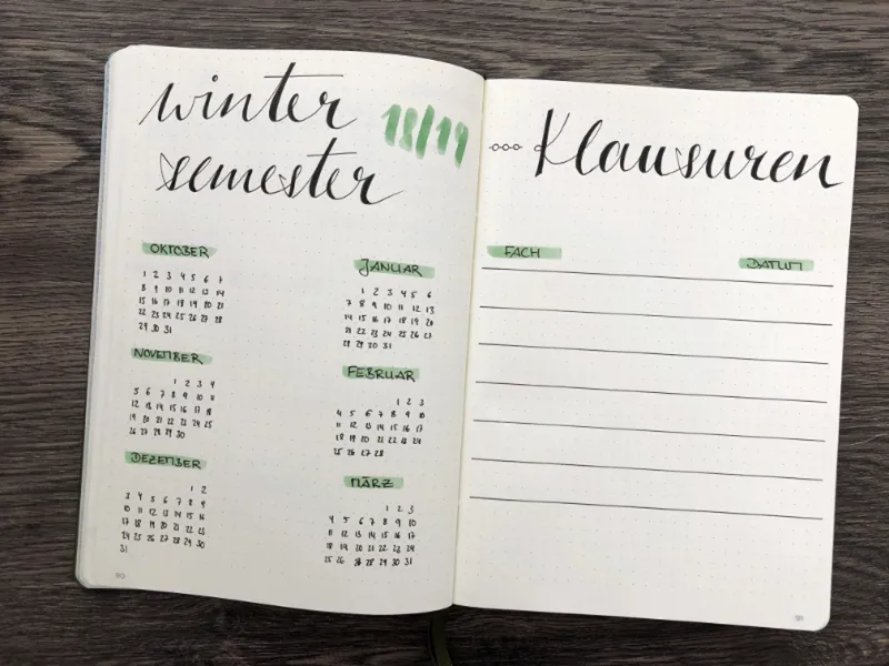 Wintersemester-Übersicht mit Monatskalendern und Liste der Klausuren