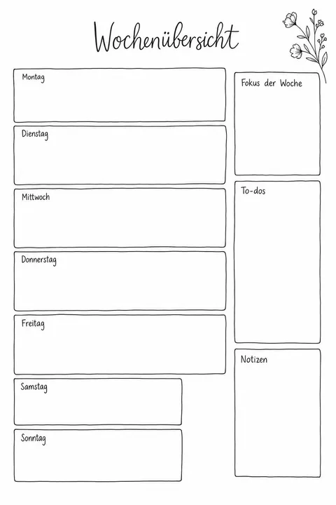 Wochenplaner-Vorlage: links 7 Felder von Montag bis Sonntag, rechts die Spalten Fokus der Woche, To-dos und Notizen
