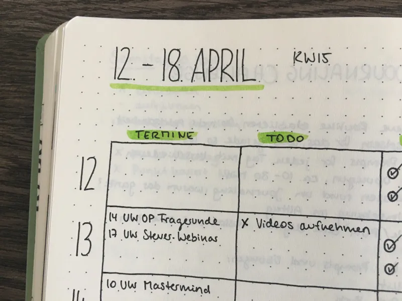 Wochenübersicht 12. bis 18. April mit Spalten Termine und Todo