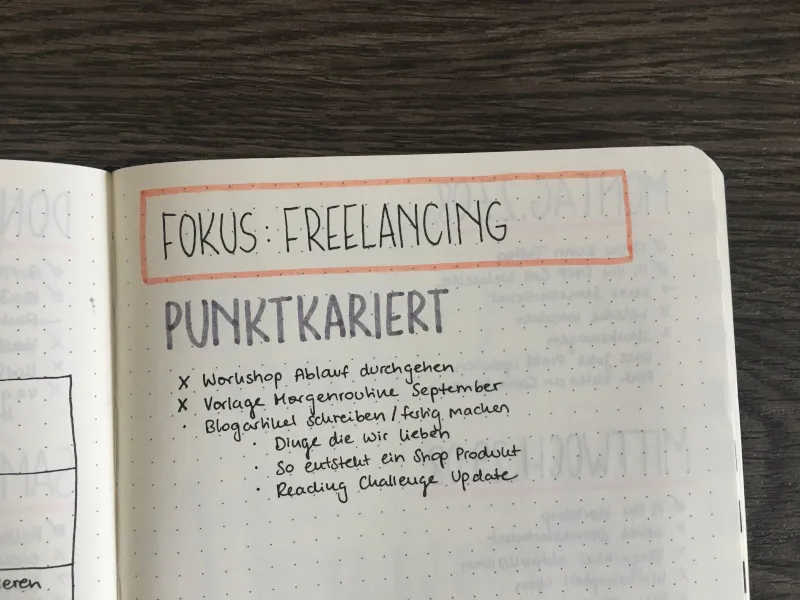 Seite mit Wochenfokus Freelancing und Punktkariert-Aufgabenliste zum Abhaken