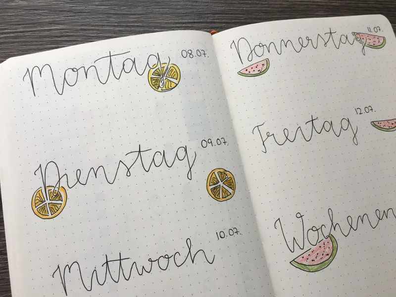 Sommerliche Wochenübersicht mit handgeletterten Wochentagen und gemalten Zitronen- und Melonenscheiben