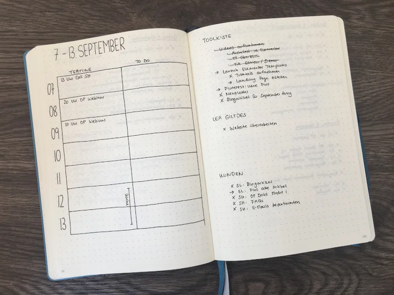 Wochenübersicht September mit Terminen, To-do und Toolkiste-Liste