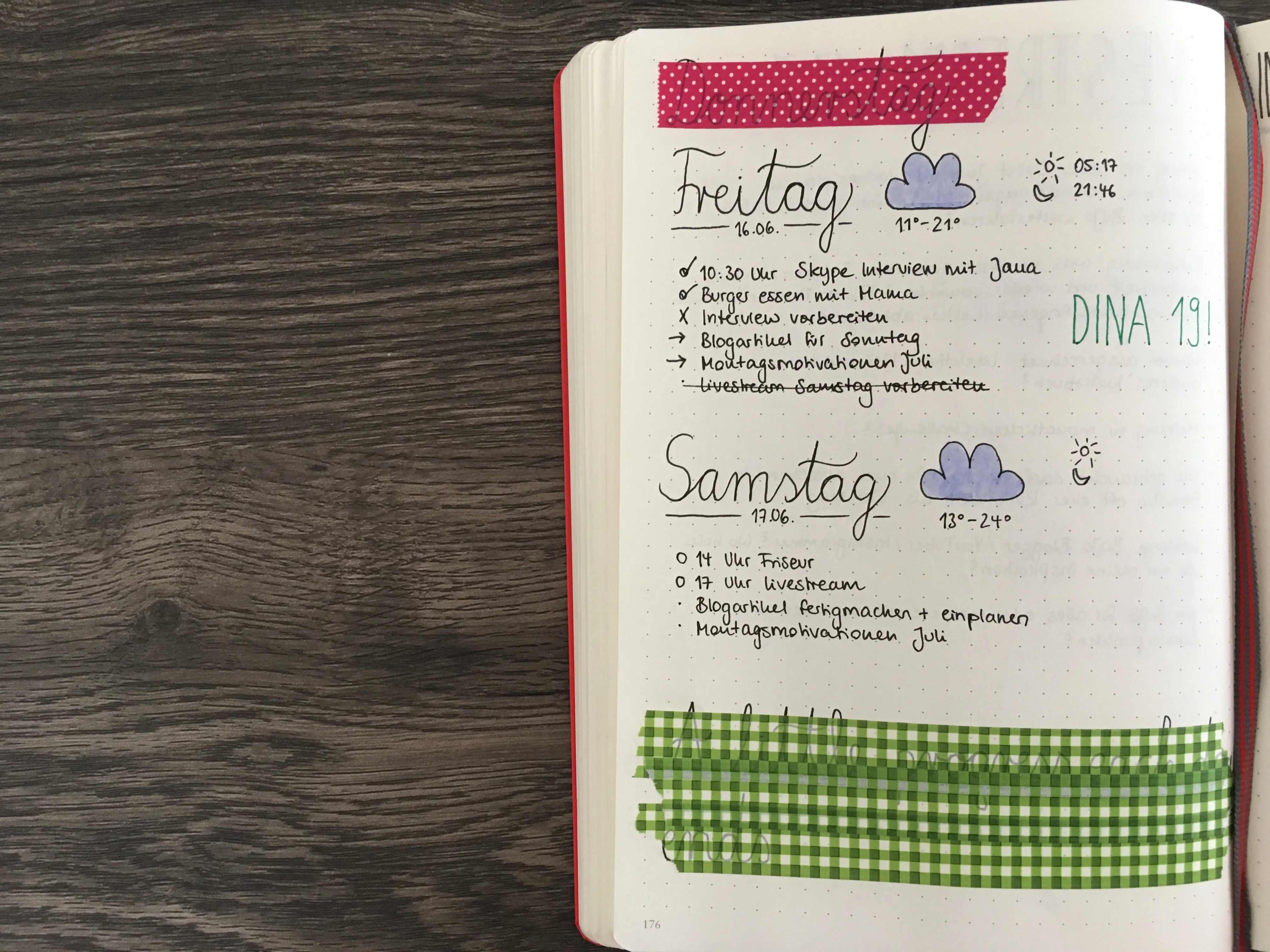 Tagesplan Freitag und Samstag mit Wettersymbolen, Aufgaben und Washi-Tape